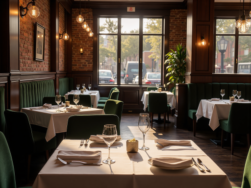 餐厅内部装修，现代化设计风格，暖色调灯光营造舒适氛围，餐桌椅摆放整齐