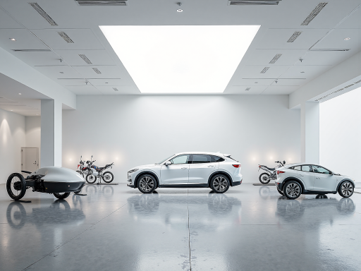 汽车展厅内部，豪华轿车整齐排列，灯光聚焦突出车辆质感，现代简约装饰风格