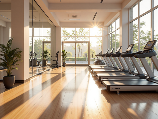健身房内部设施，现代化健身器材整齐排列，宽敞明亮的空间设计，年轻人正在锻炼