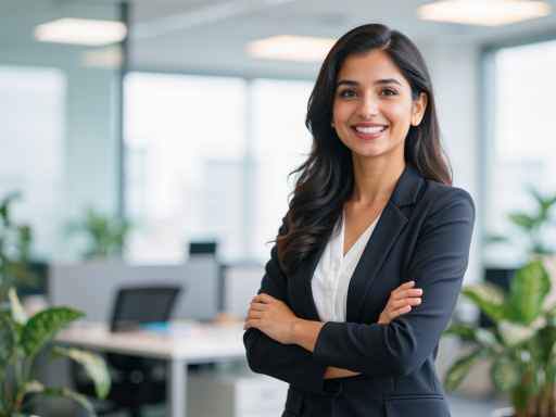 年轻女性团队成员，穿职业装，面带微笑，背景为办公室环境