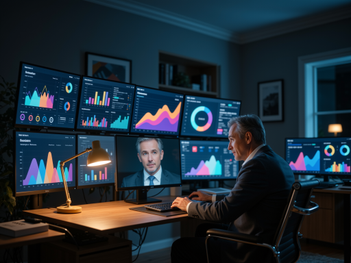 中年男性团队成员，穿深色西装，专注工作状态，办公桌整洁