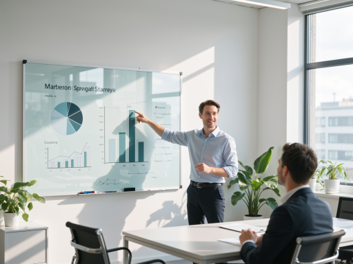 年轻男性团队成员，穿休闲商务装，正在演示PPT，会议室背景